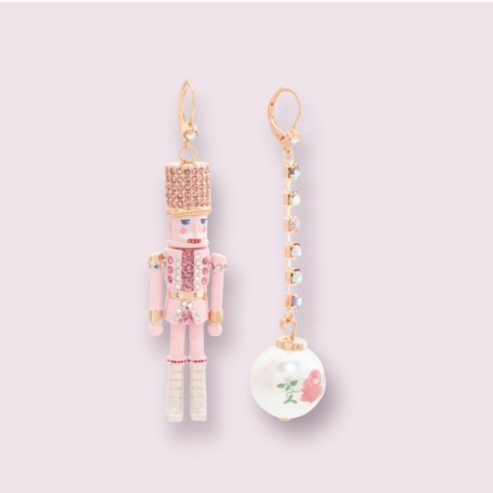 Betsey Johnson Nutcracker Linear Ball Mismatch Pink Earrings